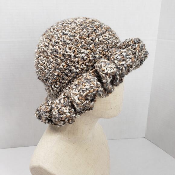 Handmade Crochet Brown Ruffle Bucket Hat Bohemian Casual Festival Neutral Fall - Picture 13 of 16